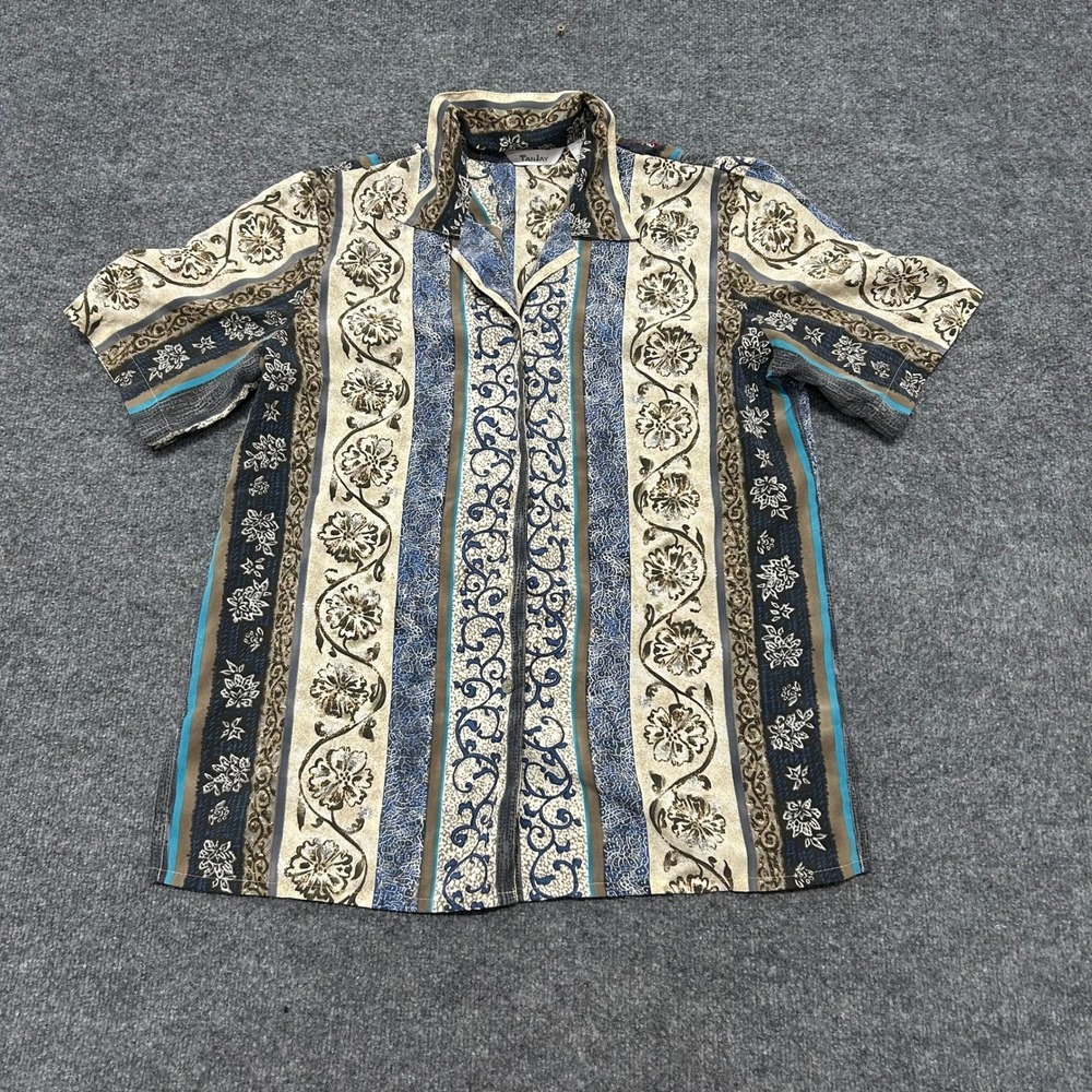 TanJay Button Up Womens Size 14 Multi-Color Floral Paisley Stripe Short Sleeve
